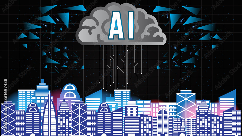 Poster ai artificial intelligence technology background concept with brain and building smart city neural n