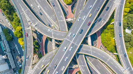 Aerial shot of overpass bridge in Shanghai, China.