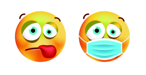 Cute Sick Emoticon with Face Mask on White Background. Isolated Vector Illustration 