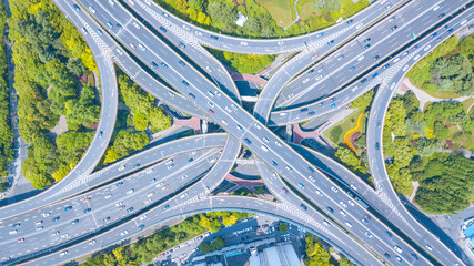 Aerial shot of overpass bridge in Shanghai, China.