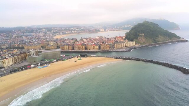 San Sebastian. Aerial view in the beautiful city of  the Basque Country. Spain. Drone Footage