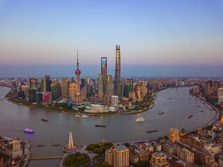 Lujiazui, the financial district in Shanghai, China, at sunset.