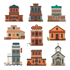 Wild West Wooden Buildings Collection, Bank, Saloon, Sheriff Office, Church, Western Town Design Element Vector Illustration