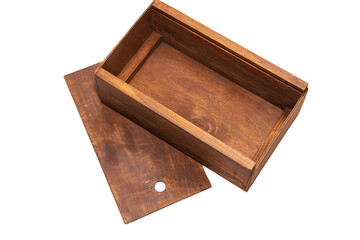 An empty wooden box. Made of pine and plywood, on a light white background.