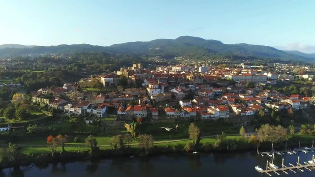 Aerial view in Tui, village of Pontevedra. Galicia,Spain. Drone Footage
