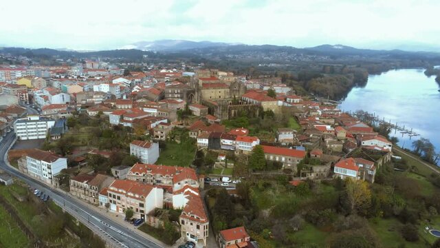 Aerial view in Tui, village of Pontevedra. Galicia,Spain. Drone Footage