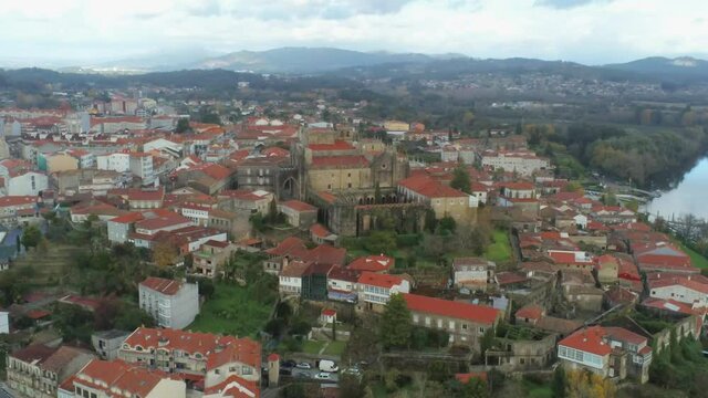 Aerial view of Tui, village of Galicia in Spain. Drone Footage