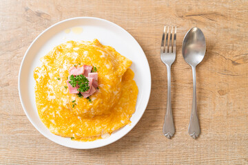 Creamy Omelet with Ham on Rice