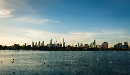 Panoramic view of Melbourne city from Albert Park on a sunny day