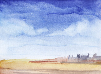 Abstract watercolor background on textured paper. Landscape of deserted grassless land and distant blurry greenery against soft blue sky with fluffy clouds. Hand drawn summer illustration