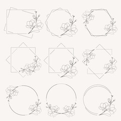 doodle line art magnolia blooming flower minimal frame for banner or logo collection © Unchalee