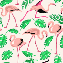 Seamless pattern with flamingos and tropical leaves on  pink background. Print for clothes, pastels, t-shirts.