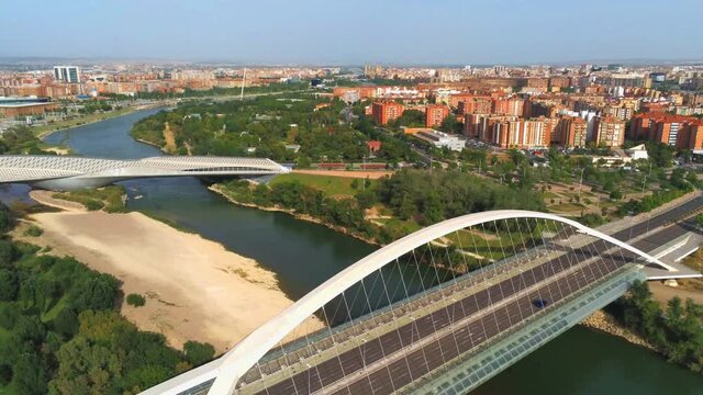 Zaragoza. Aerial view of bridge in Ebro River. Aragon,Spain. Drone Footage