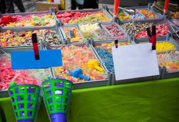 Various colorful candy jelly at stall in Ghent Belgium