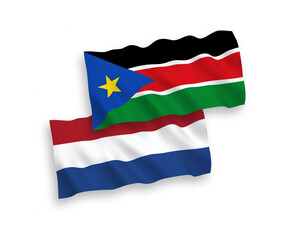 Flags of Republic of South Sudan and Netherlands on a white background