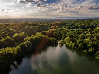 Aerial view of the lake called Oberwaldsee next to Darmstadt, Germany.