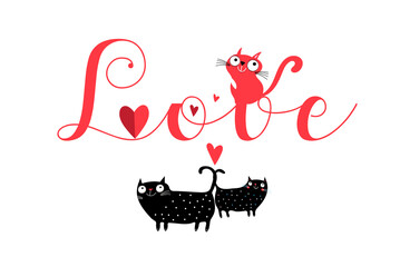 Vector lettering love with cats and hearts