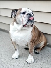 Cute English bulldog tiger color sit with house's wooden wall, portrait dog and pet in house concept.