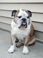 Cute English bulldog tiger color sit with house's wooden wall, portrait dog and pet in house concept.