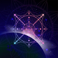 Vector illustration of Sacred geometric symbol against the space background with sunrise and stars. Mystic sign drawn in lines. Image in purple color.
