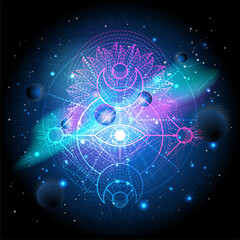 Vector illustration of Sacred geometric symbol against the space background with galaxy and stars. Mystic sign drawn in lines. Image in blue color.