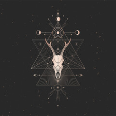 Vector illustration with hand drawn Roe deer skull and Sacred geometric symbol on black vintage background. Abstract mystic sign. Gold linear shape. For you design and magic craft. © nadezhdash