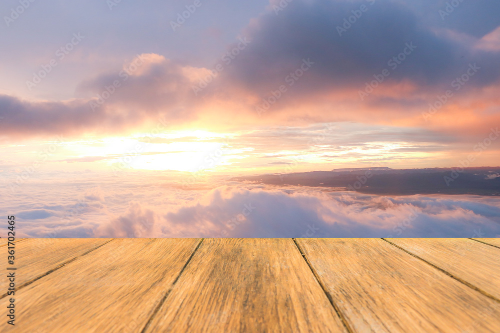 Wall mural wooden terrace with space to put objects in the background