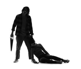 Silhouette of maniac with saw and his victim on white background