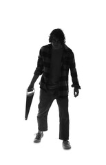 Silhouette of maniac with saw on white background