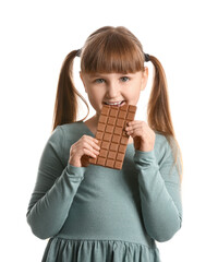 Cute funny girl with chocolate on white background