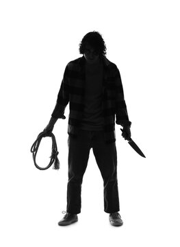 Silhouette of maniac with knife and rope on white background