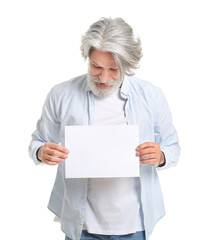 Senior man with blank card on white background