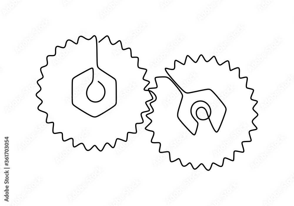 Poster one continuous line of moving gears wheels. round wheel metal symbol company logotype template for b