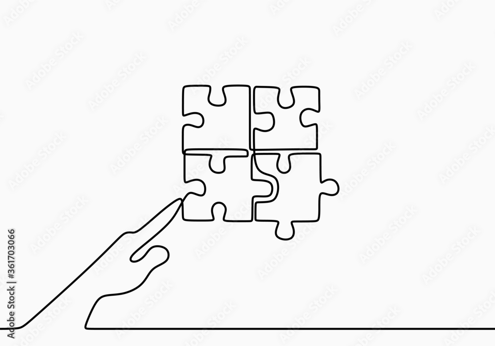 Poster continuous one line drawing of hands with four pieces of jigsaw on white background. hand solving ji