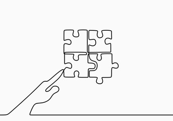 Continuous one line drawing of hands with four pieces of jigsaw on white background. Hand solving jigsaw puzzle. Metaphorical composition with characters. Workers or businessmen putting pieces