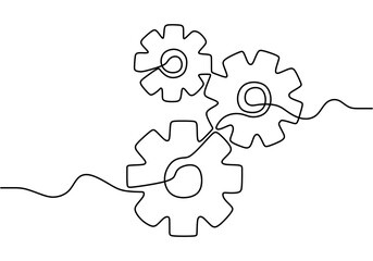 One continuous line of moving gears wheels. Round wheel metal symbol company logotype template for business teamwork concept. Dynamic single line draw graphic design vector illustration