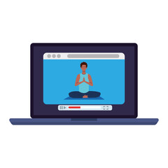 online, yoga concept, man afro practices yoga and meditation, watching a broadcast on a laptop computer vector illustration design