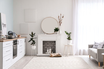 Interior of modern room with fireplace