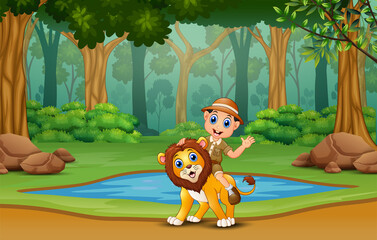 A safari boy with lion in the jungle