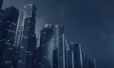 3D Rendering of futuristic virtual sci fi city. Many high sky scrapper building towers.  Concept for night life, business vision, technology product 