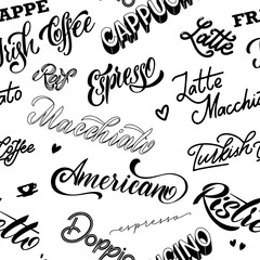 Coffee lettering seamless pattern. Design for print, poster, invitation, t-shirt and badges