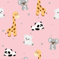 Obraz premium Seamless pattern for children, cute animals, koala, giraffe, polar bear, panda, stars 