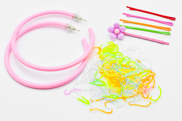 Hair accessories. Woman hair items stylist salon flowers elastic bands bows hoops, accessory for care and clip hairline,