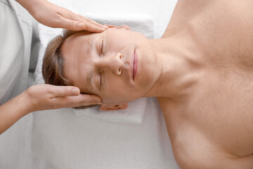 Fototapeta na wymiar Handsome man receiving massage in spa salon