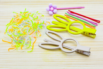 Hair accessories. Woman hair items stylist salon flowers elastic bands bows hoops, accessory for care and clip hairline,