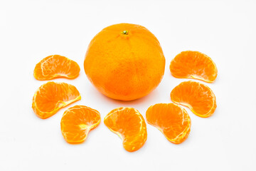 tangerine or mandarin fruit with leaves isolated on white background,