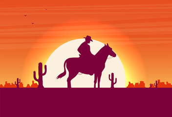 Western desert landscape at sunset vector illustration.
