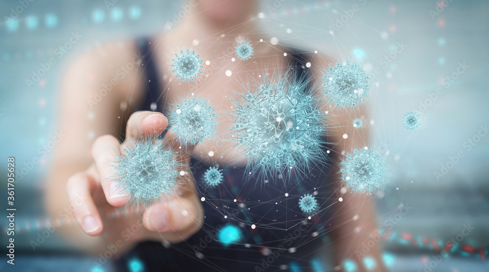 Poster woman analyzing coronavirus with digital holographic projection close-up 3d rendering