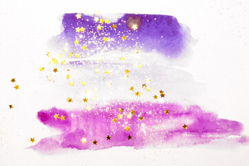 purple, pink watercolor stains on light gray background with golden glitter and glittering stars
