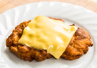 Fried chicken steak with cheddar  cheese , in door  Chiangmai  Thailand
